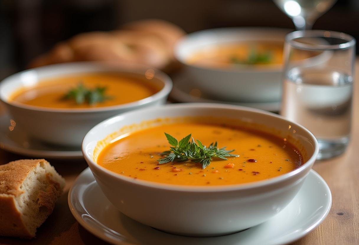 Table setting with bowls of Soupe Polonaise à l'Aneth and crusty bread for a cozy meal.