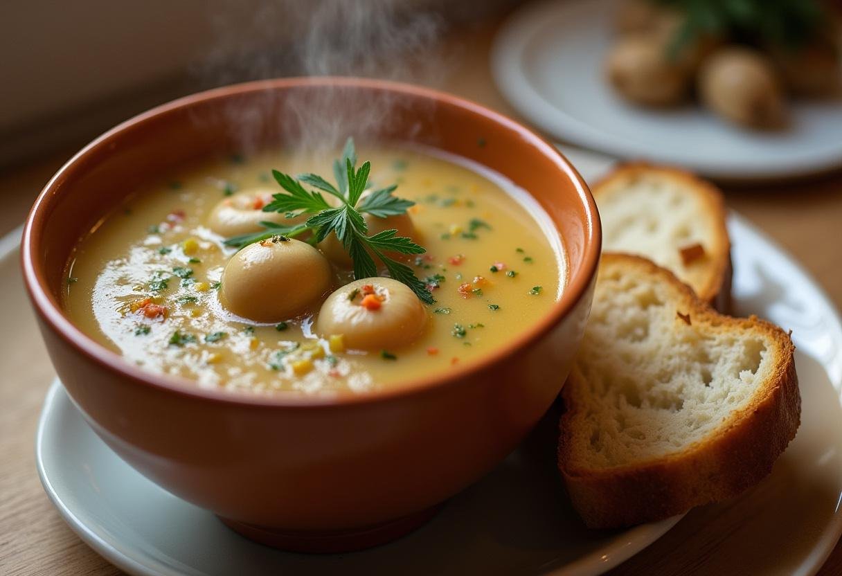 Bowl of Soupe Réconfortante aux Vermicelles, rich and comforting, ready to enjoy.