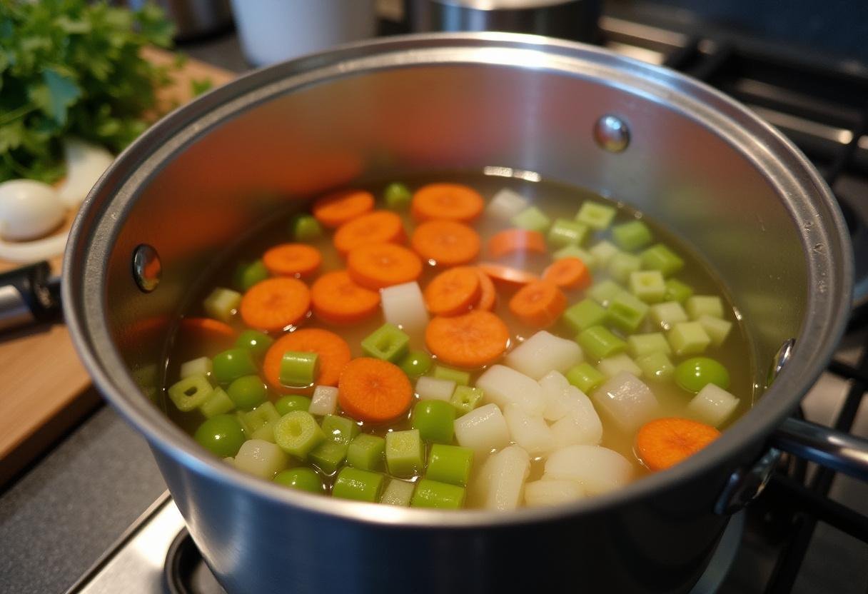 Simmering chicken broth for Soupe Réconfortante aux Vermicelles with fresh vegetables.