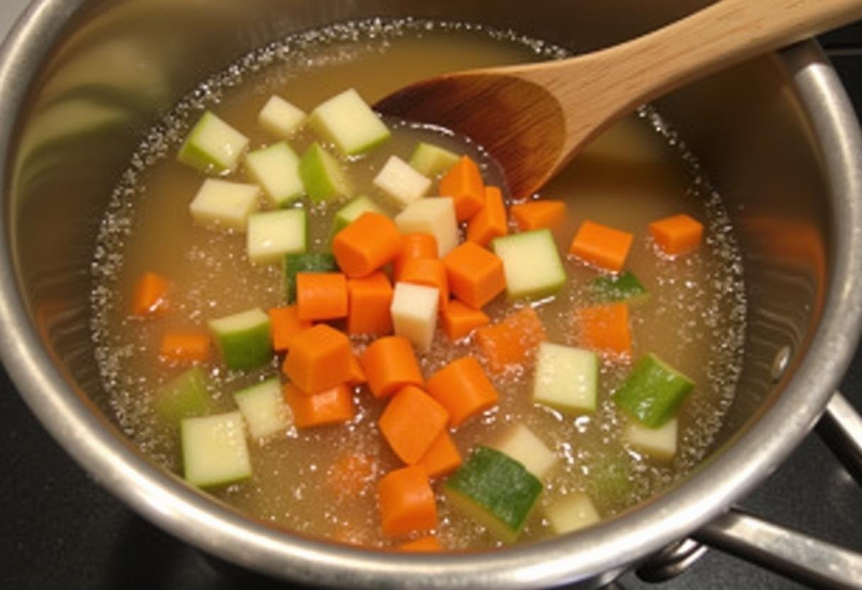 Chopped vegetables being added to the chicken broth for Soupe Réconfortante aux Vermicelles.