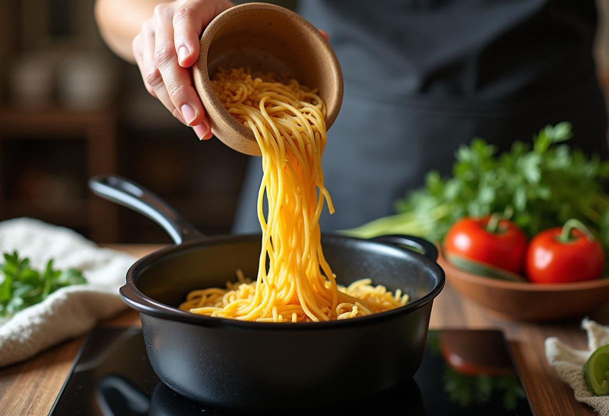 Vermicelli being added to the simmering soup for Soupe Réconfortante aux Vermicelles.