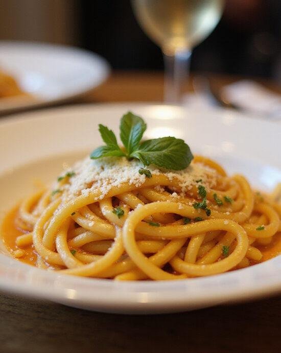 Finished Spaghetti de Minuit à la Ina Garten, garnished and ready for serving.