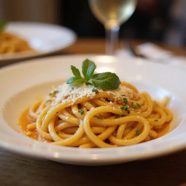 Finished Spaghetti de Minuit à la Ina Garten, garnished and ready for serving.