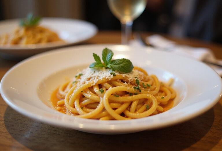 Finished Spaghetti de Minuit Ă la Ina Garten, garnished and ready for serving.