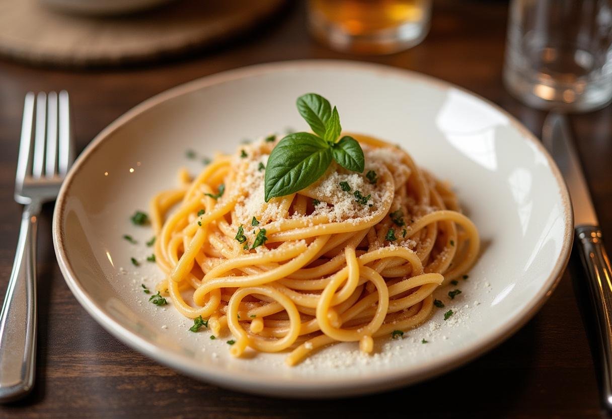 Finished Spaghetti de Minuit Ă la Ina Garten, garnished and ready for serving.