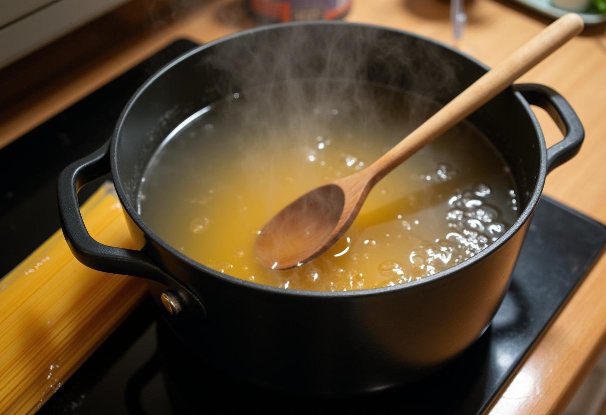 Preparing to cook spaghetti for Spaghetti de Minuit Ă la Ina Garten with boiling water.