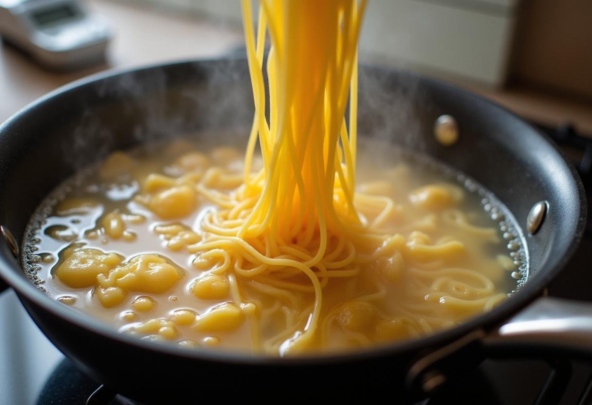 Cooking spaghetti in boiling water for Spaghetti de Minuit Ă la Ina Garten.