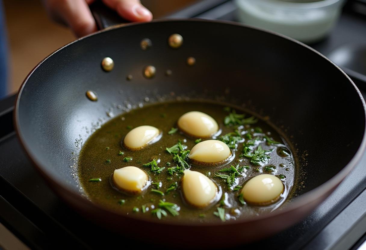 Sautéing garlic and herbs in olive oil for Spaghetti de Minuit à la Ina Garten.