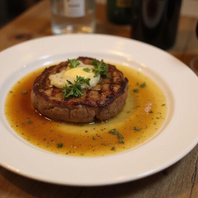 Finished Steak Poêlé sauce au Beurre, beautifully plated with rich sauce, perfect for a gourmet dinner.