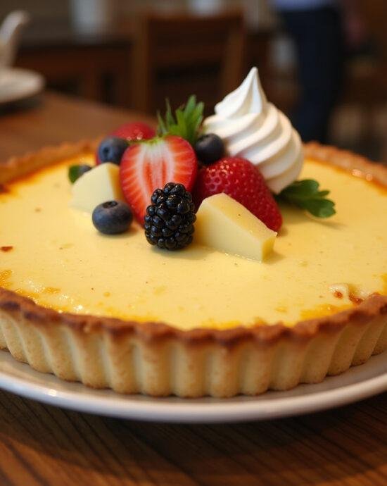 Completed Tarte au Fromage Blanc Alsacienne ready to be served with fruits.