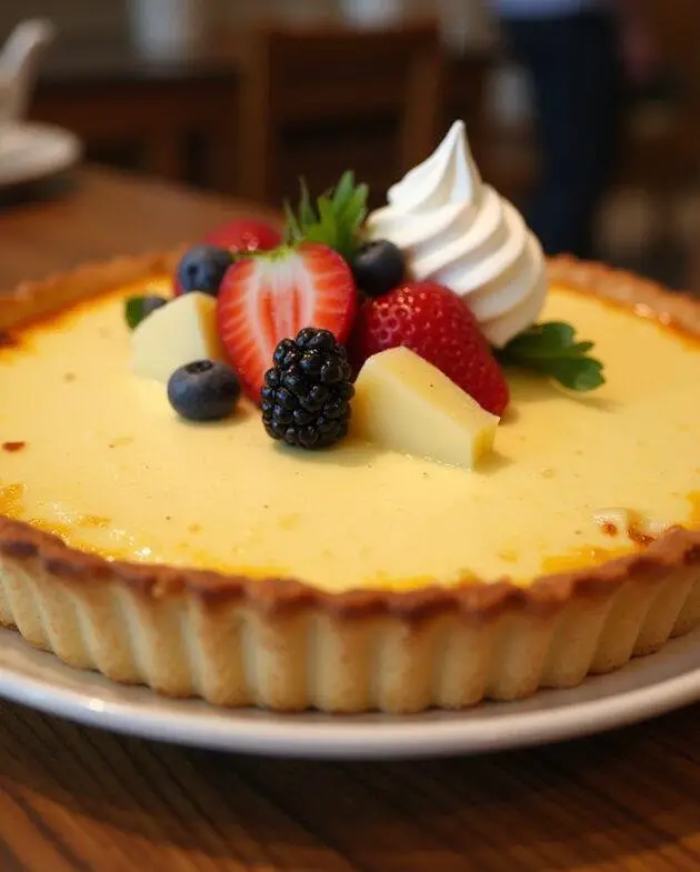 Completed Tarte au Fromage Blanc Alsacienne ready to be served with fruits.