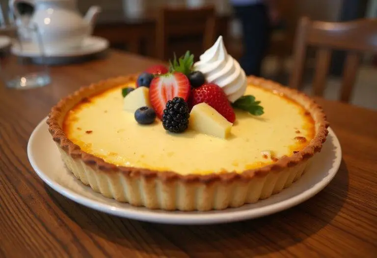 Completed Tarte au Fromage Blanc Alsacienne ready to be served with fruits.