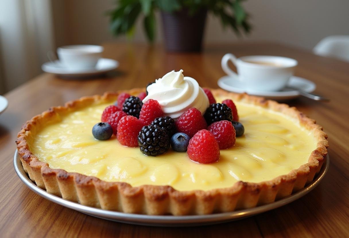 Completed Tarte au Fromage Blanc Alsacienne ready to be served with fruits.