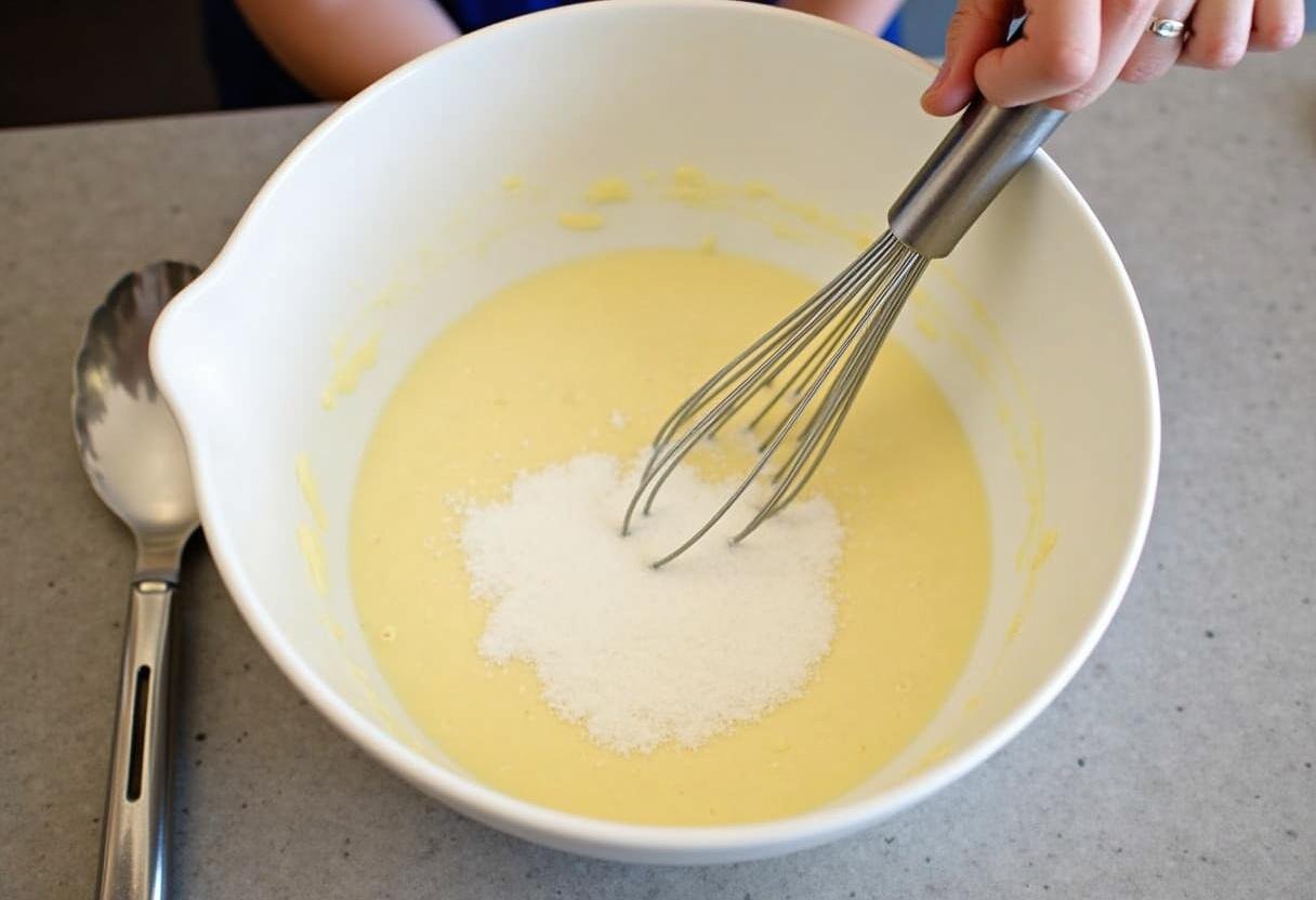 Mixing soft cheese and sugar for Tarte au Fromage Blanc Alsacienne Traditionnelle.