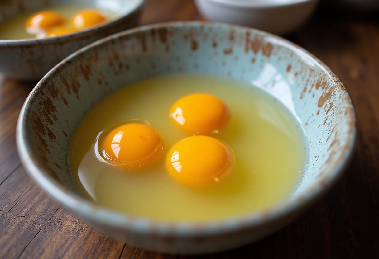 Eggs separated for the traditional Alsace cheese tart preparation.