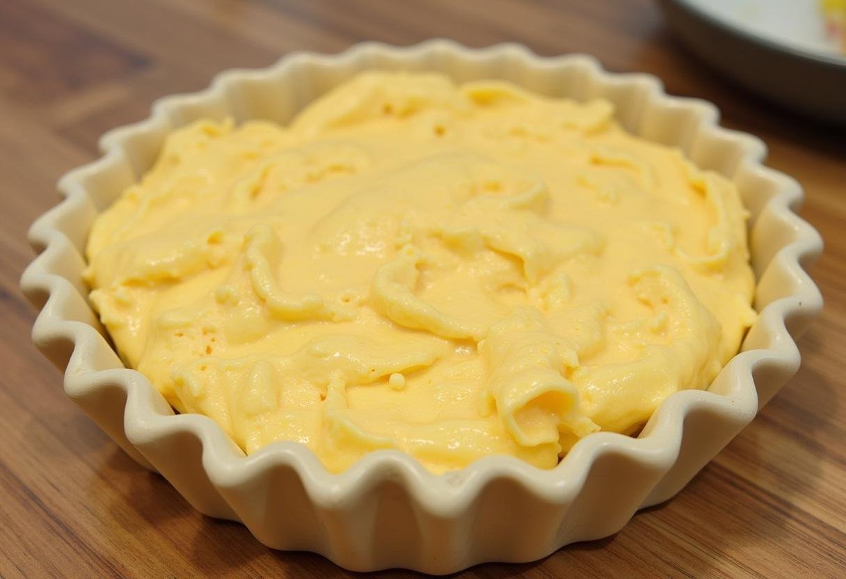 Filling the pie crust with cheese mixture for Alsace traditional cheese tart.