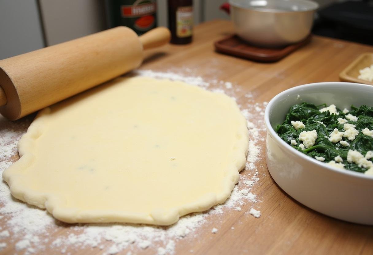 Pâté brisée étalé pour la tarte aux épinards et ricotta crémeuse.