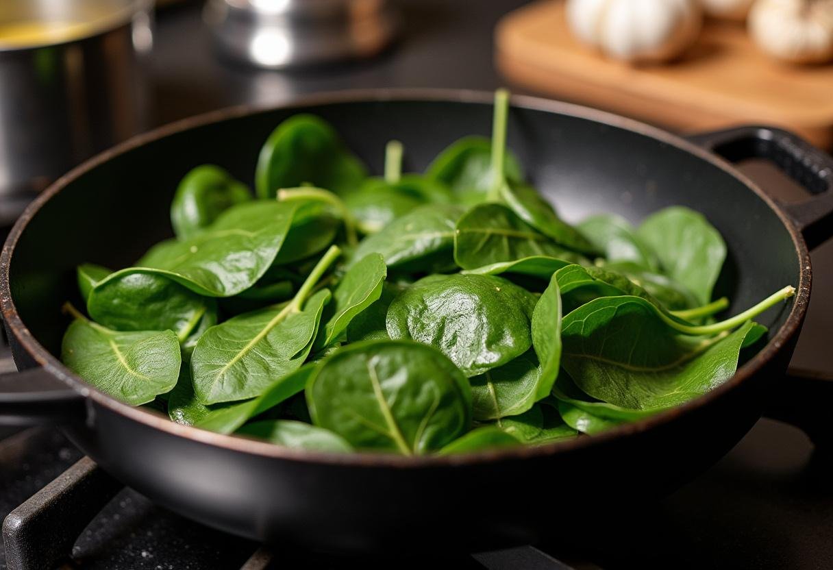 Épinards frais cuisant avec de l'ail pour la tarte aux épinards et ricotta crémeuse.