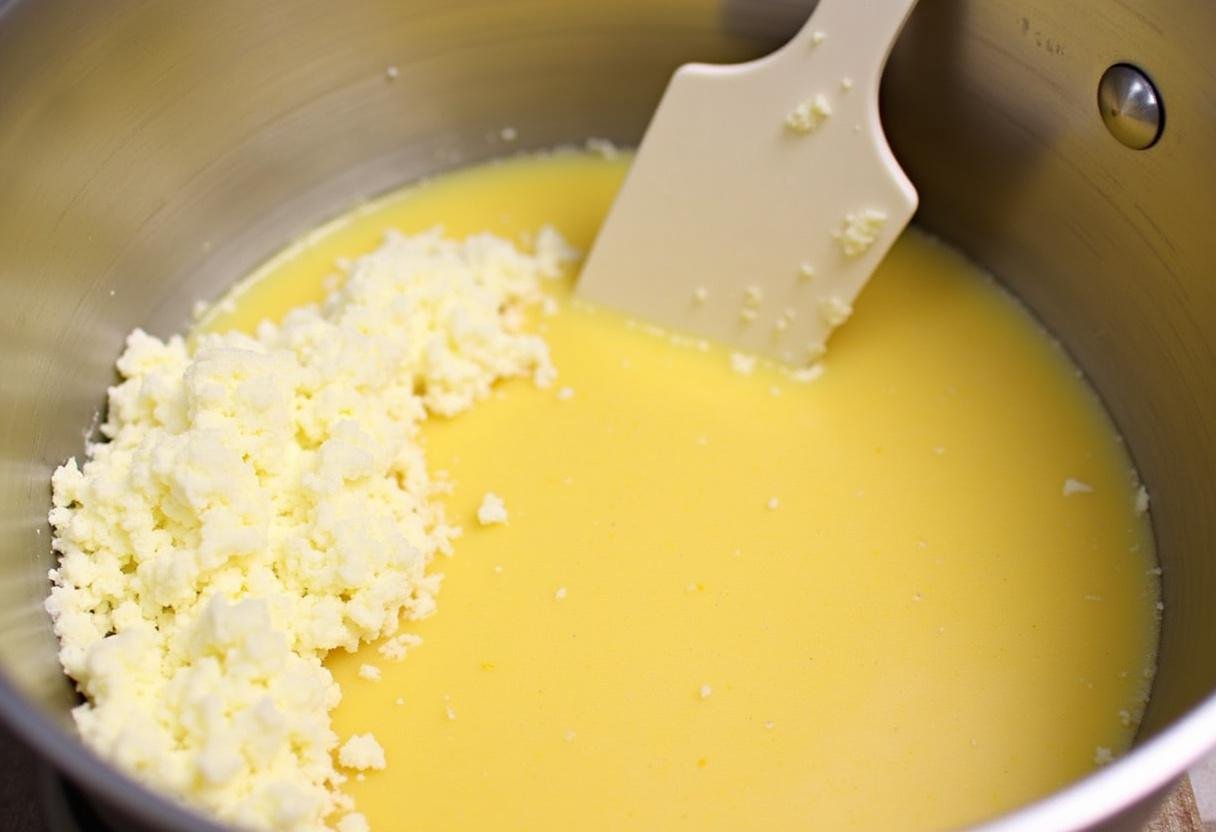 Mélange de ricotta et parmesan pour la tarte crémeuse d'épinards.