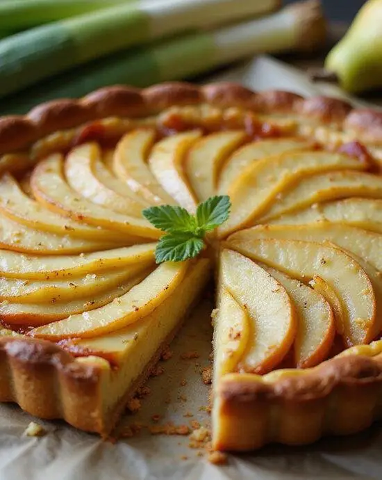 Deliciously baked Tarte aux Poireaux, showcasing its creamy interior and crispy crust, perfect for a family meal.