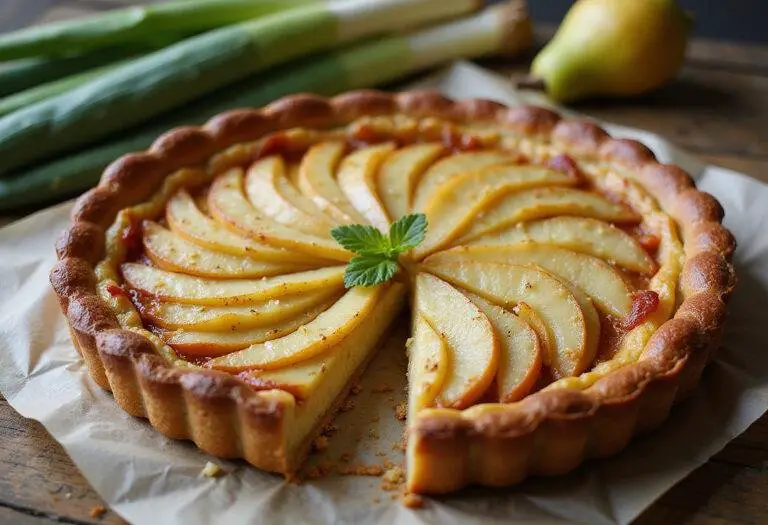 Deliciously baked Tarte aux Poireaux, showcasing its creamy interior and crispy crust, perfect for a family meal.