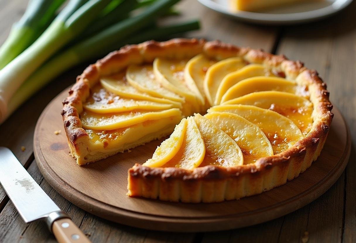 Deliciously baked Tarte aux Poireaux, showcasing its creamy interior and crispy crust, perfect for a family meal.