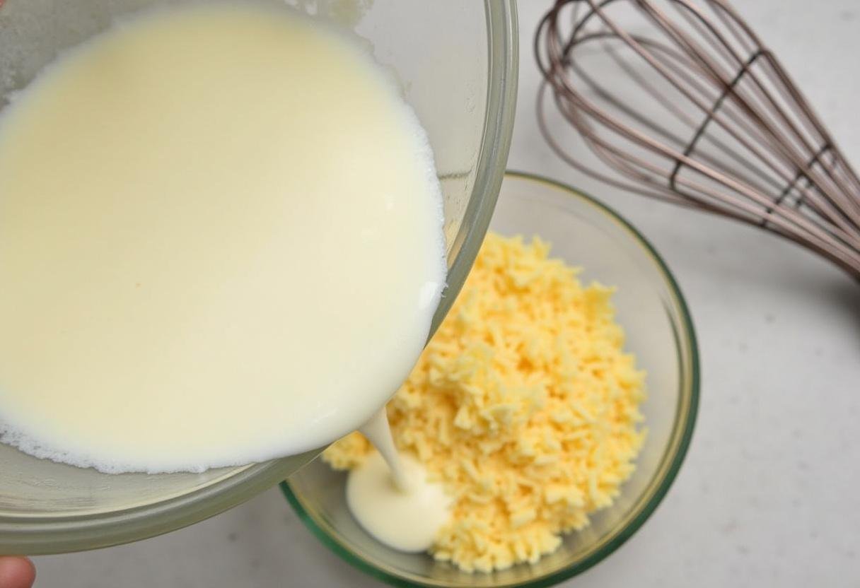 Cream and milk mixture prepared for Tarte aux Poireaux without eggs, showing the ingredients for a savory tart.