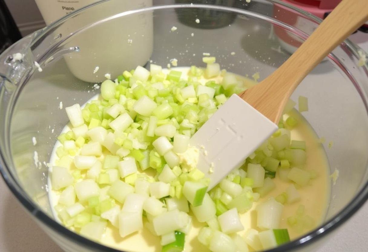 Mixing leeks and cheese into the cream for a delicious Tarte aux Poireaux Facile.