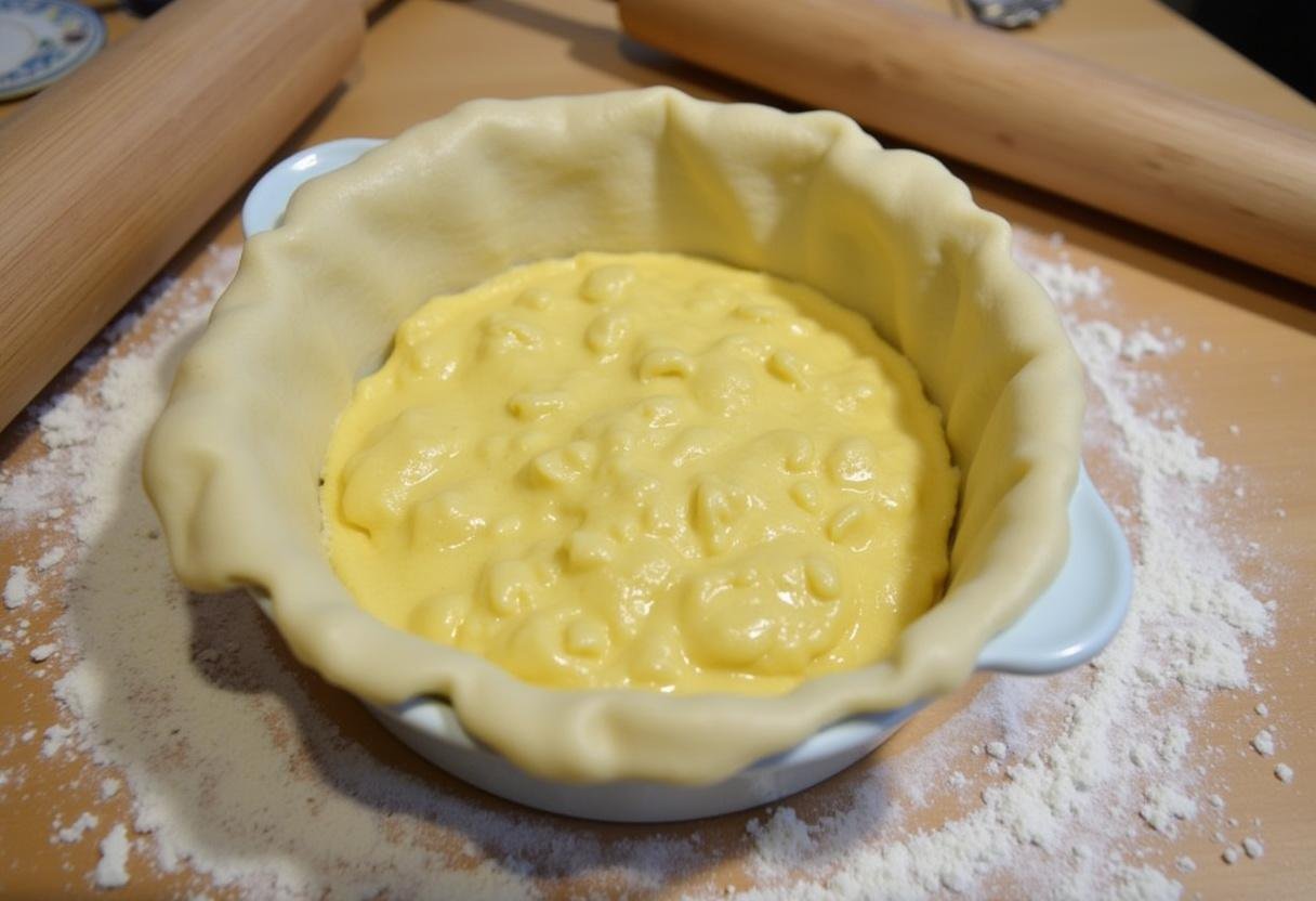 Filling pastry shell with creamy leek mixture for Tarte aux Poireaux Facile au Thermomix.