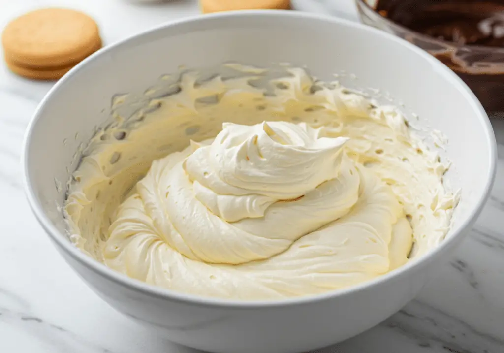 Une crème au mascarpone légère et aérée prête à être superposée avec la crème au chocolat pour former la base du tiramisu.