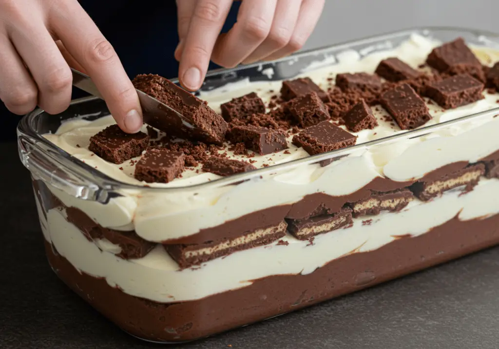 Les crèmes au chocolat noir et mascarpone superposées dans un plat, avec des éclats de praliné ajoutés entre les couches pour plus de texture.