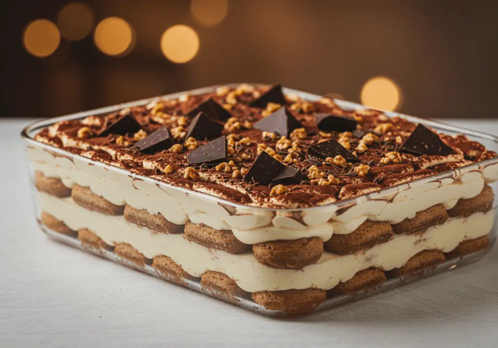 Le tiramisu monté et refroidi, garni de morceaux de chocolat et de praliné pour une touche de gourmandise supplémentaire.