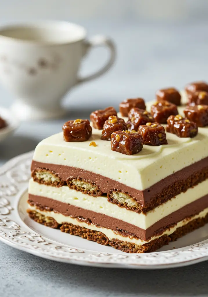 Un tiramisu fondant au chocolat noir et éclats pralinés, présenté élégamment avec des couches crémeuses et un goût intense de chocolat.