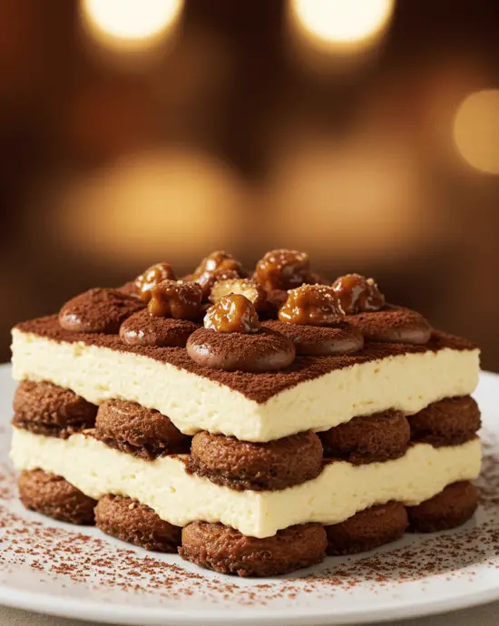 Un tiramisu fondant au chocolat noir et éclats pralinés, présenté élégamment avec des couches crémeuses et un goût intense de chocolat.