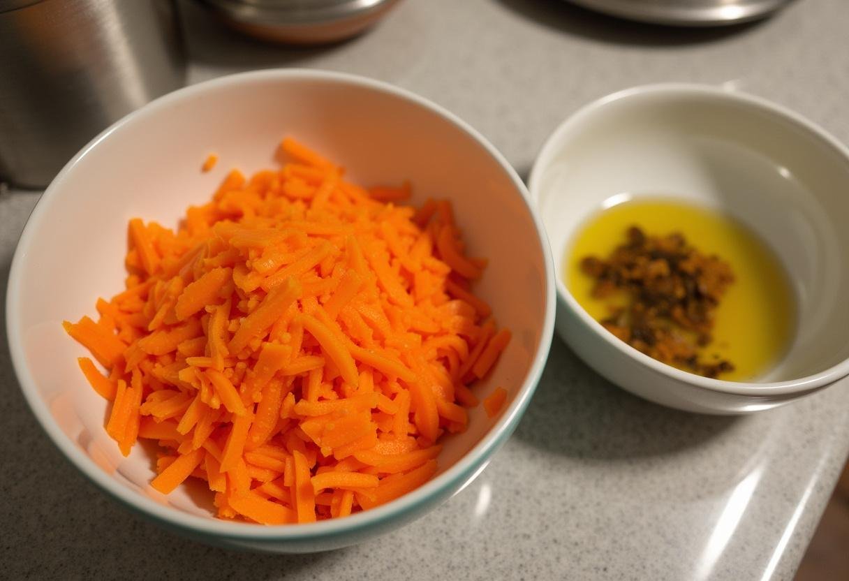 Freshly grated carrots ready for vinaigrette simple pour carottes râpées preparation.