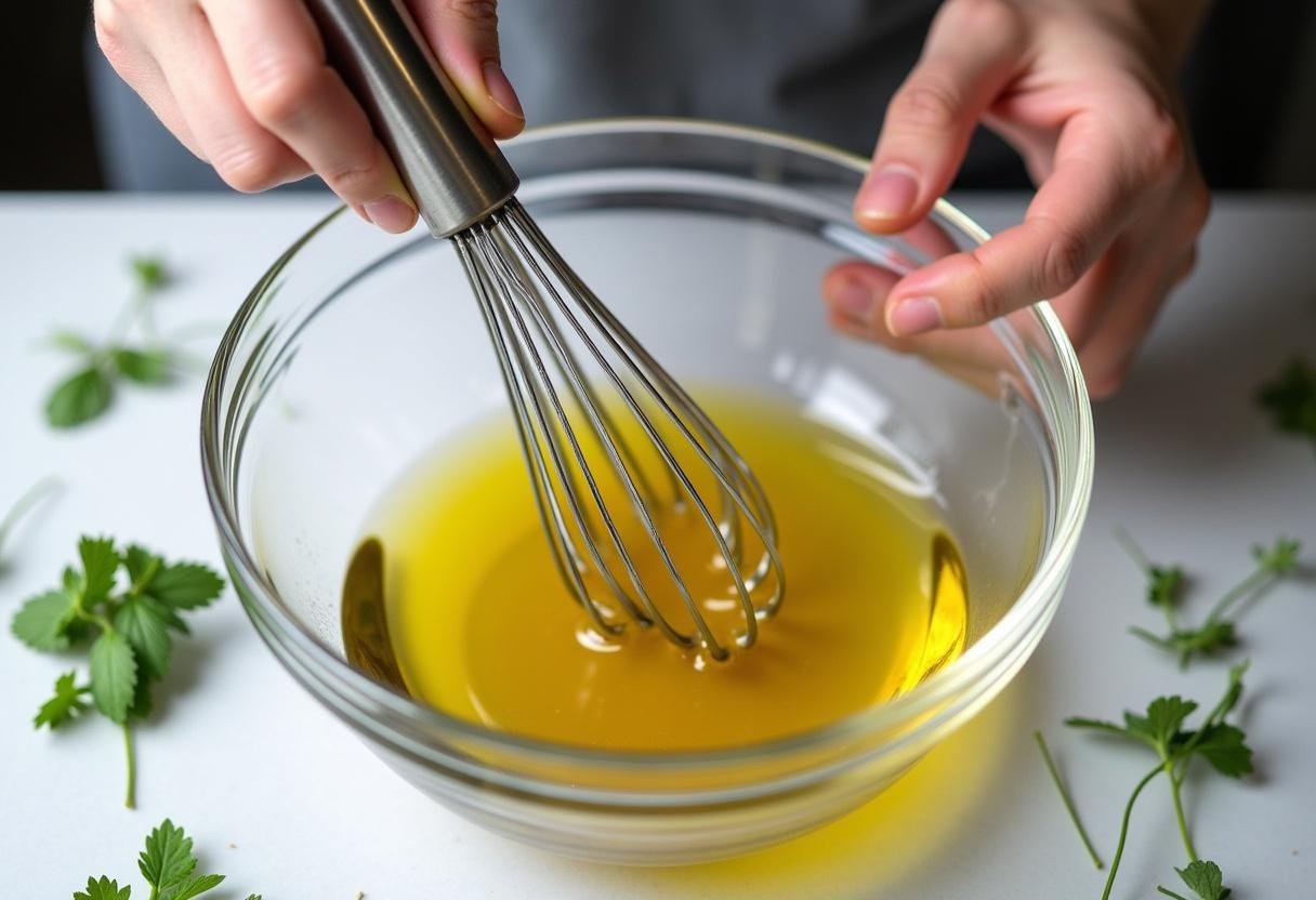 Whisking vinaigrette ingredients to create a dressing for carottes râpées.