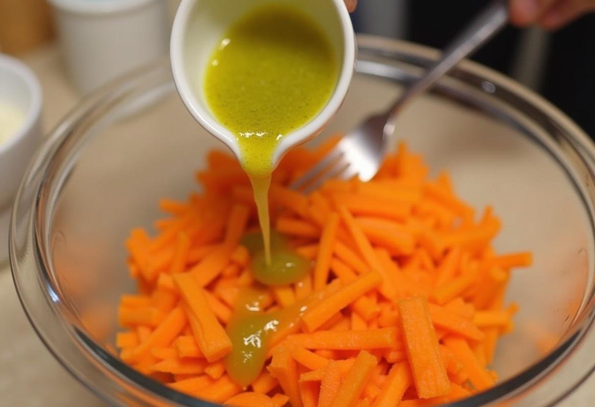 Vinaigrette being added to grated carrots for vinaigrette simple pour carottes râpées.