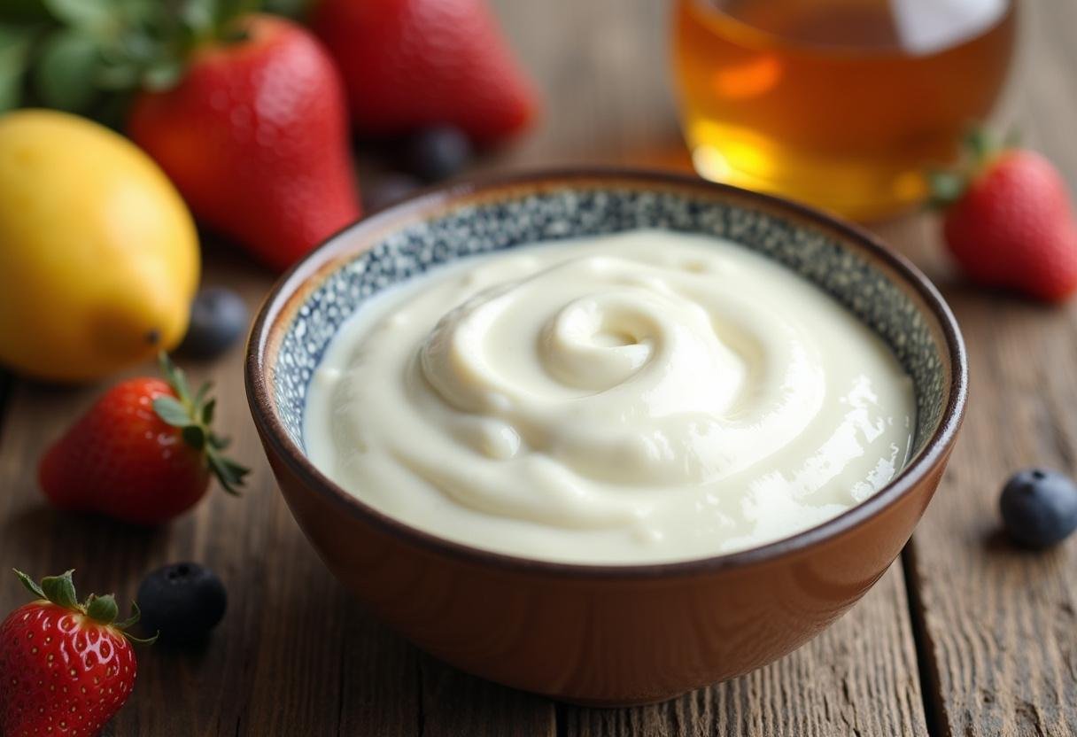 Bowl of creamy plain yogurt with fresh fruits and honey, illustrating the characteristics of yogurt.