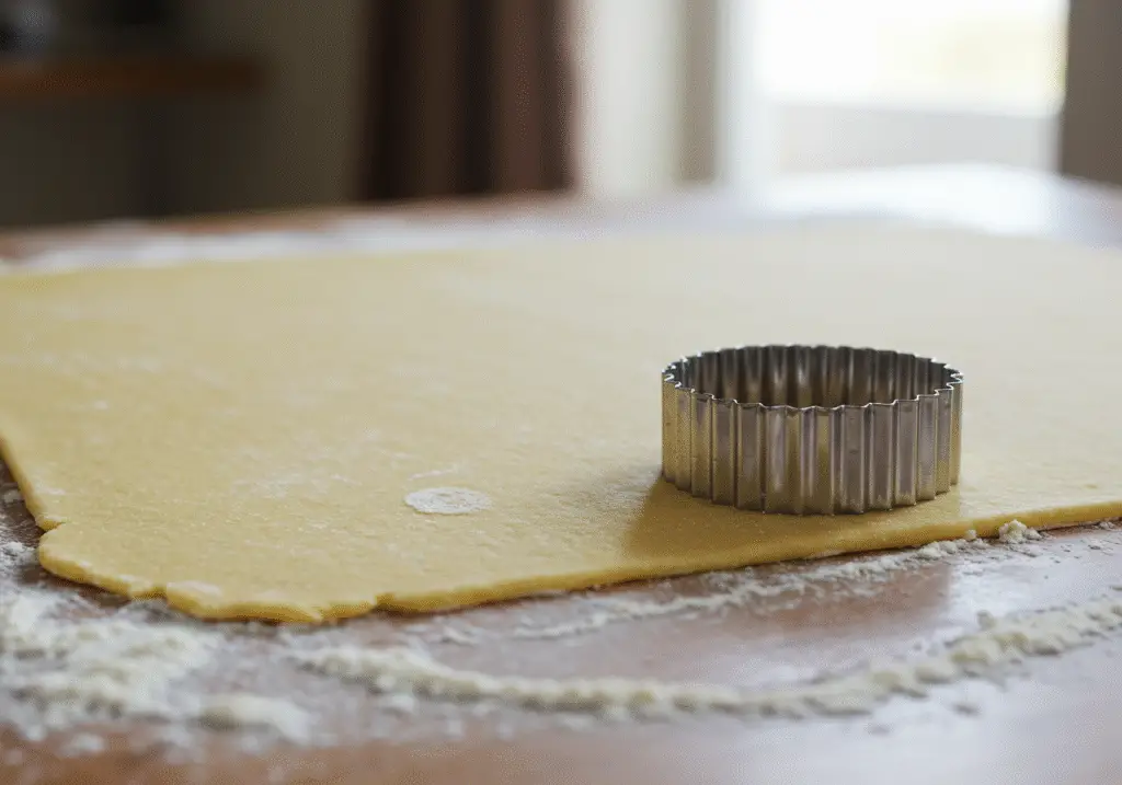 Rolled out dough for Chips de Fromage Blanc on a floured surface.