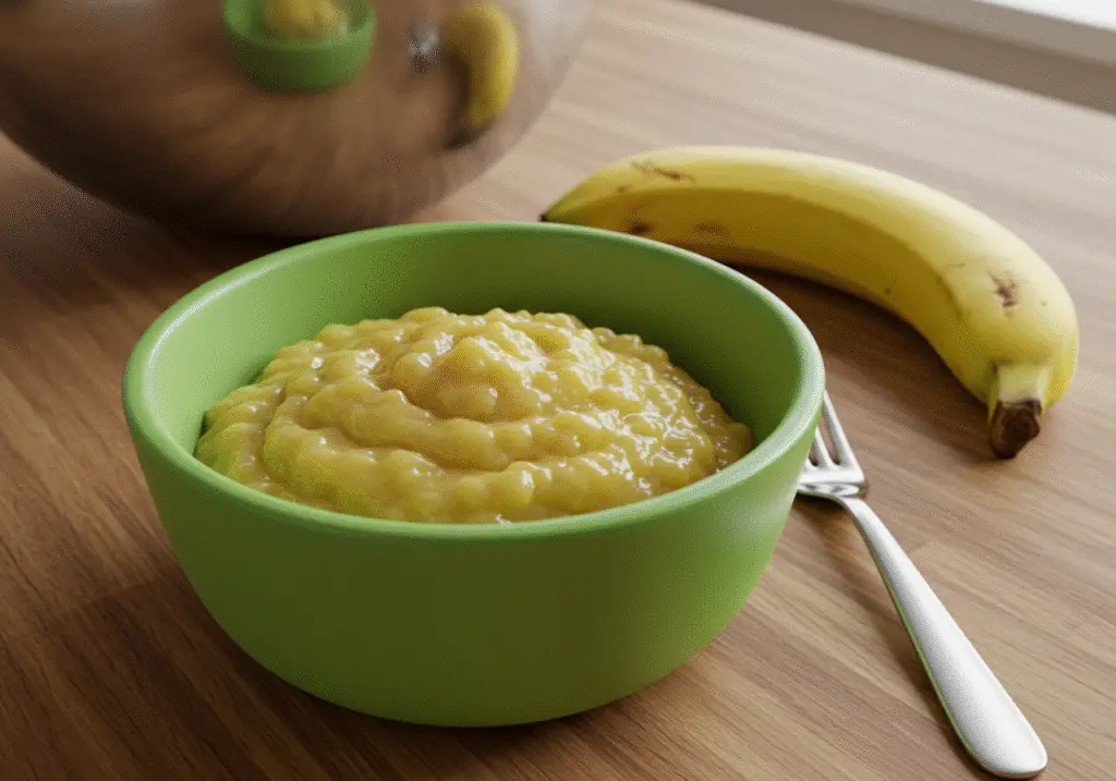 Bowl of mashed ripe bananas for preparing healthy sugar-free banana cookies.