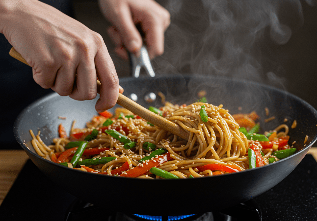 Mélange de nouilles de riz et de légumes dans le wok pour le Pad Woon Sen Végétalien.