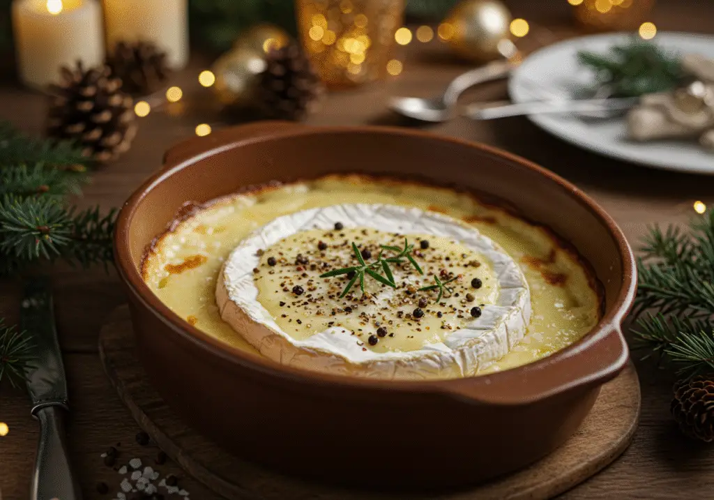 Fromage Brie fourré aux truffes dans un plat allant au four, prêt à cuire pour les fêtes.