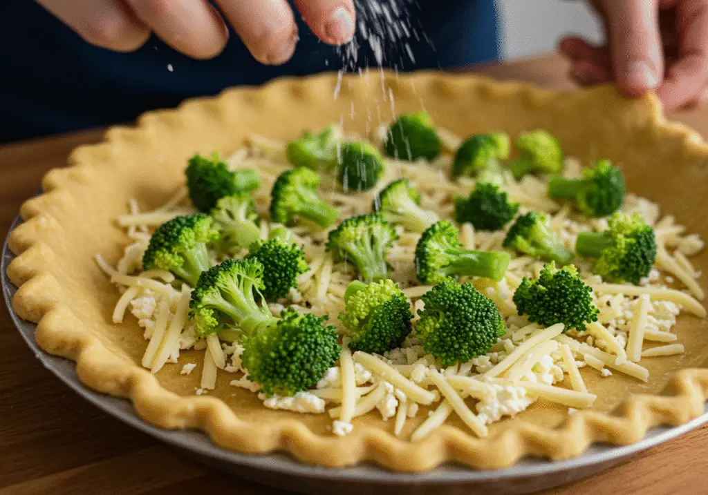 Filling a pie crust with cheese and broccoli mixture for the Galette au Brocoli et Fromage.