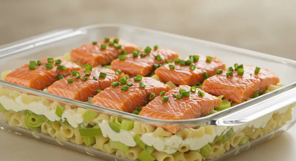 Assembling the creamy leek and salmon lasagna in a baking dish.