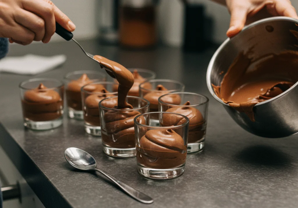 Filling serving cups with vegan chocolate mousse in preparation for chilling.