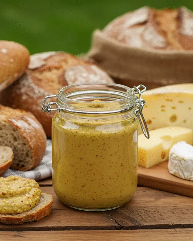 Pot de moutarde maison présenté avec du pain et du fromage pour un pique-nique.