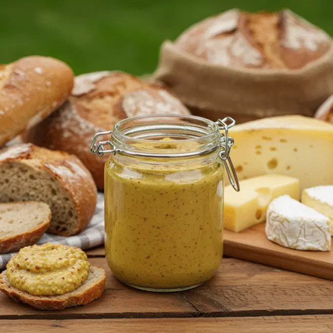 Pot de moutarde maison présenté avec du pain et du fromage pour un pique-nique.