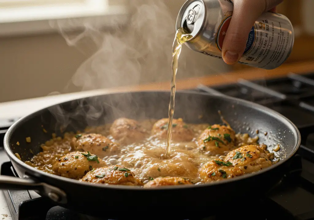 Beer being added to the chicken mixture for Poulet Moelleux Mijoté à la Bière recipe.