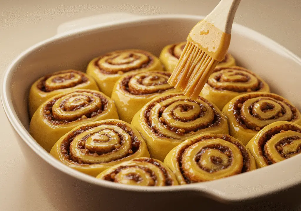 Tranches de roulés à la cannelle et au chaï dans un plat, prêtes à être cuites au four avec un glaçage dessus.