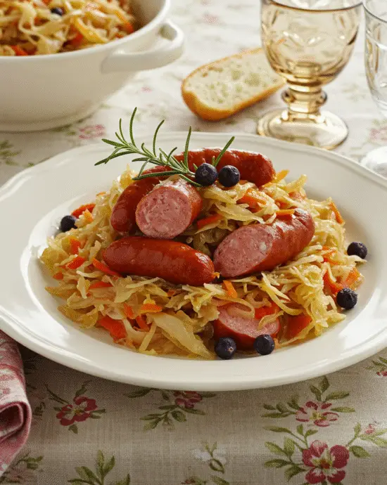 Salade de choucroute à l'ancienne magnifiquement présentée, idéale pour un repas traditionnel français.